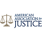 American Association for Justice logo with gold scales and blue text on a white background