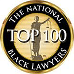 Gold and black circular badge reading “The National Top 100 Black Lawyers” with a judge silhouette