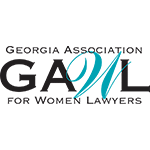 Logo for Georgia Association for Women Lawyers with black and teal text on white background