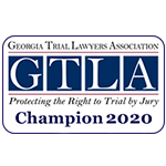 Georgia Trial Lawyers Association Champion 2020 logo in blue and white