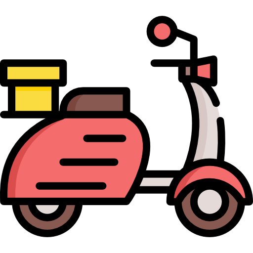 Scooter vermelha com uma caixa amarela na traseira, para entrega.