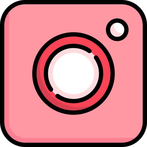 Logotipo rosa do Instagram. Lente da câmera no centro. Moldura quadrada rosa com contorno preto.