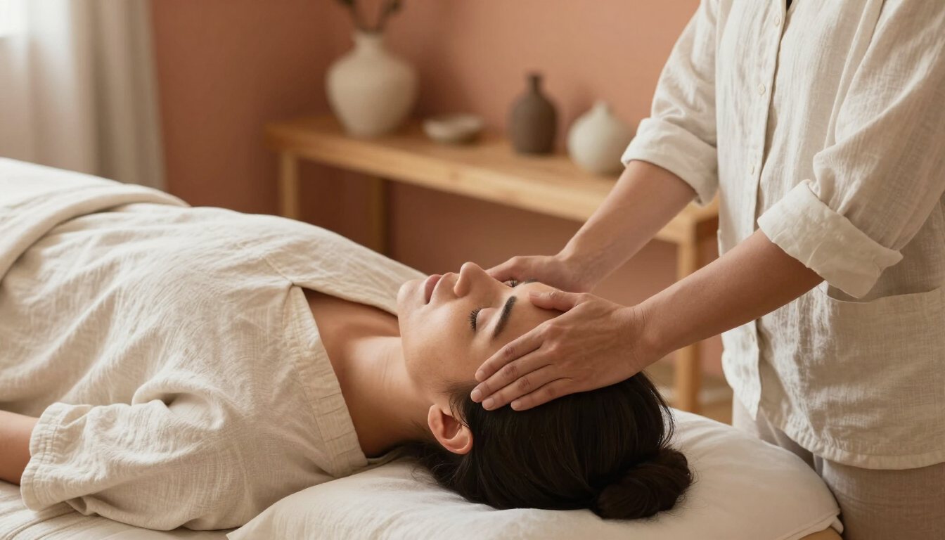 Practitioner with gentle hands on a client's head at a treatment table