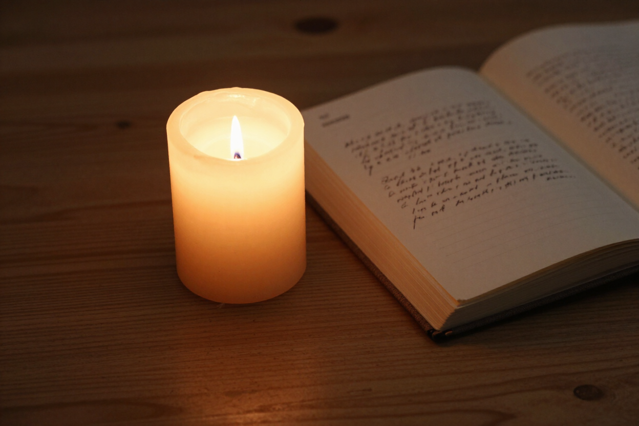 Candle lit in a calm, environment journaling on my latest vortex healing with Liza