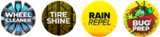 Four circular icons representing car wash services: Wheel Cleaner, Tire Shine, Rain Repel, and Bug Prep.