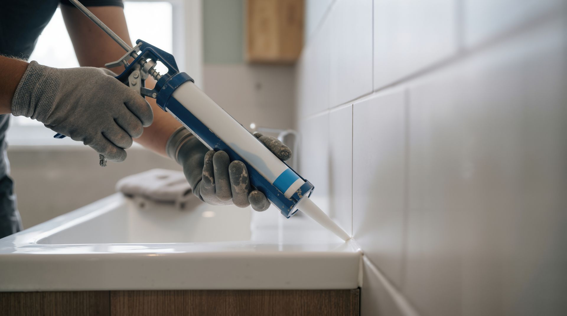 A close-up of a bathroom remodeler applying caulk along a white tiled tub edge with a caulking gun. A close-up of a bathroom remodeler applying caulk along a white tiled tub edge with a caulking gun.