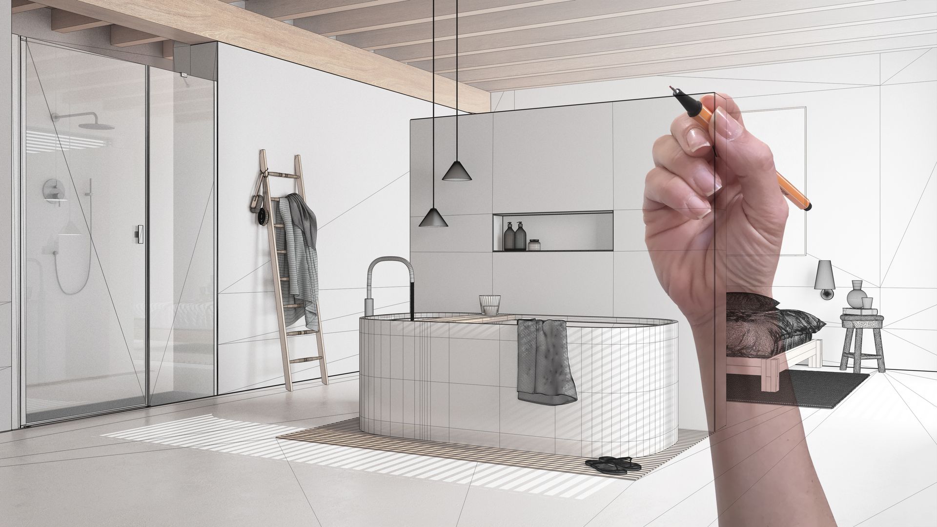 Hand sketching a modern minimalist bathroom with glass shower, tub, and vanity. Hand sketching a modern minimalist bathroom with glass shower, tub, and vanity.