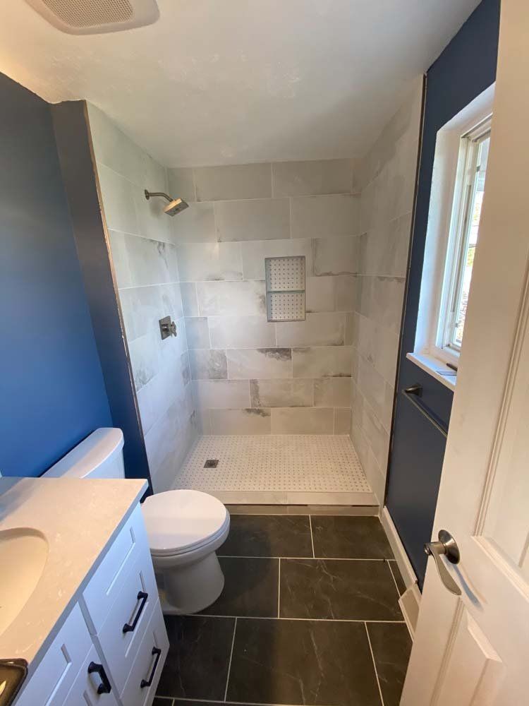 Bathroom with a tiled shower, dark floor, and blue walls. Toilet and vanity visible.