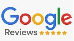 Google Reviews logo with blue, red, yellow, and green text, and five gold stars.