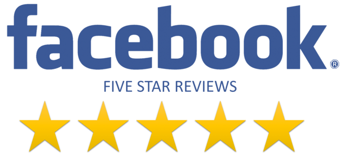 Facebook logo with five gold stars, indicating five-star reviews.