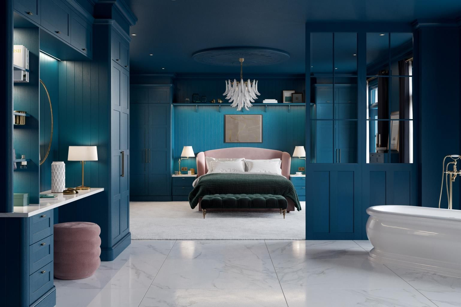 Aldana Bedroom. Fitted wardrobe and dressing area in navy blue.