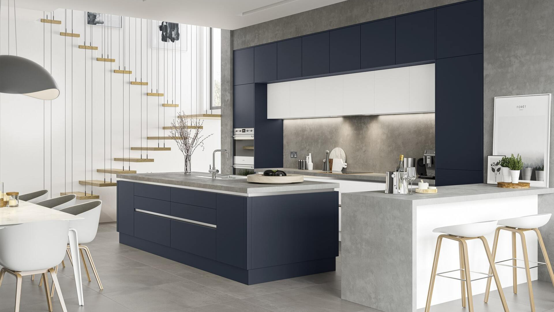 Modern fitted kitchen with indigo matte finish by QM Furniture