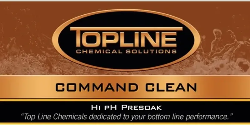 Topline Chemical Solutions Command Clean hi pH presoak product label on a brown and gold background.
