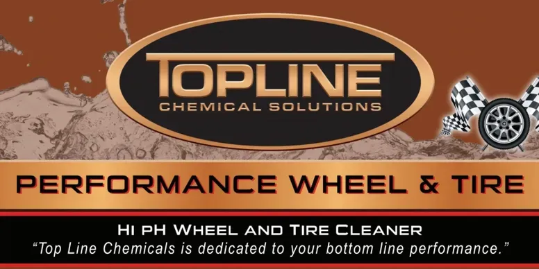 Topline Chemical Solutions logo for Performance Wheel & Tire cleaner with a tire icon and checkered flags on a brown field.
