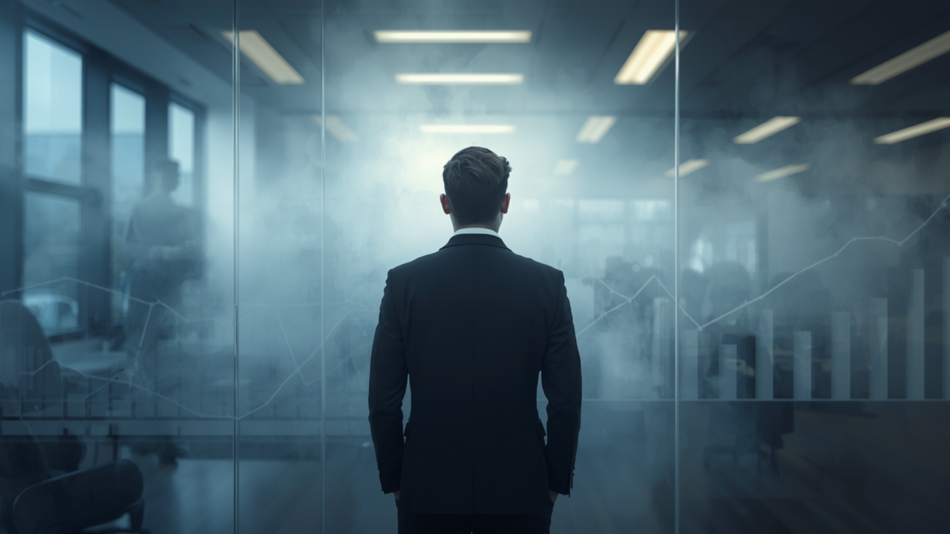 Confident professional in a suit standing with arms crossed in a modern glass office