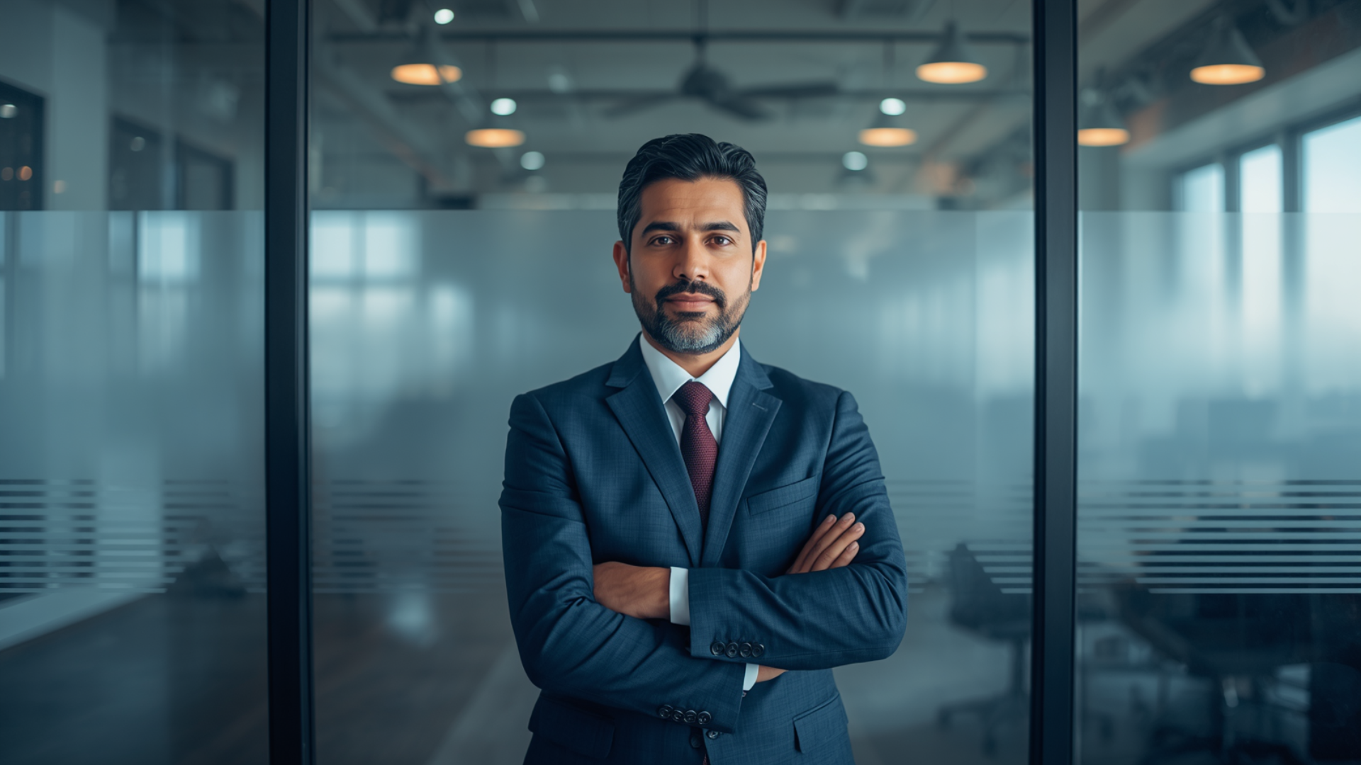 Businessman in a navy suit standing with arms crossed in a glass-walled office