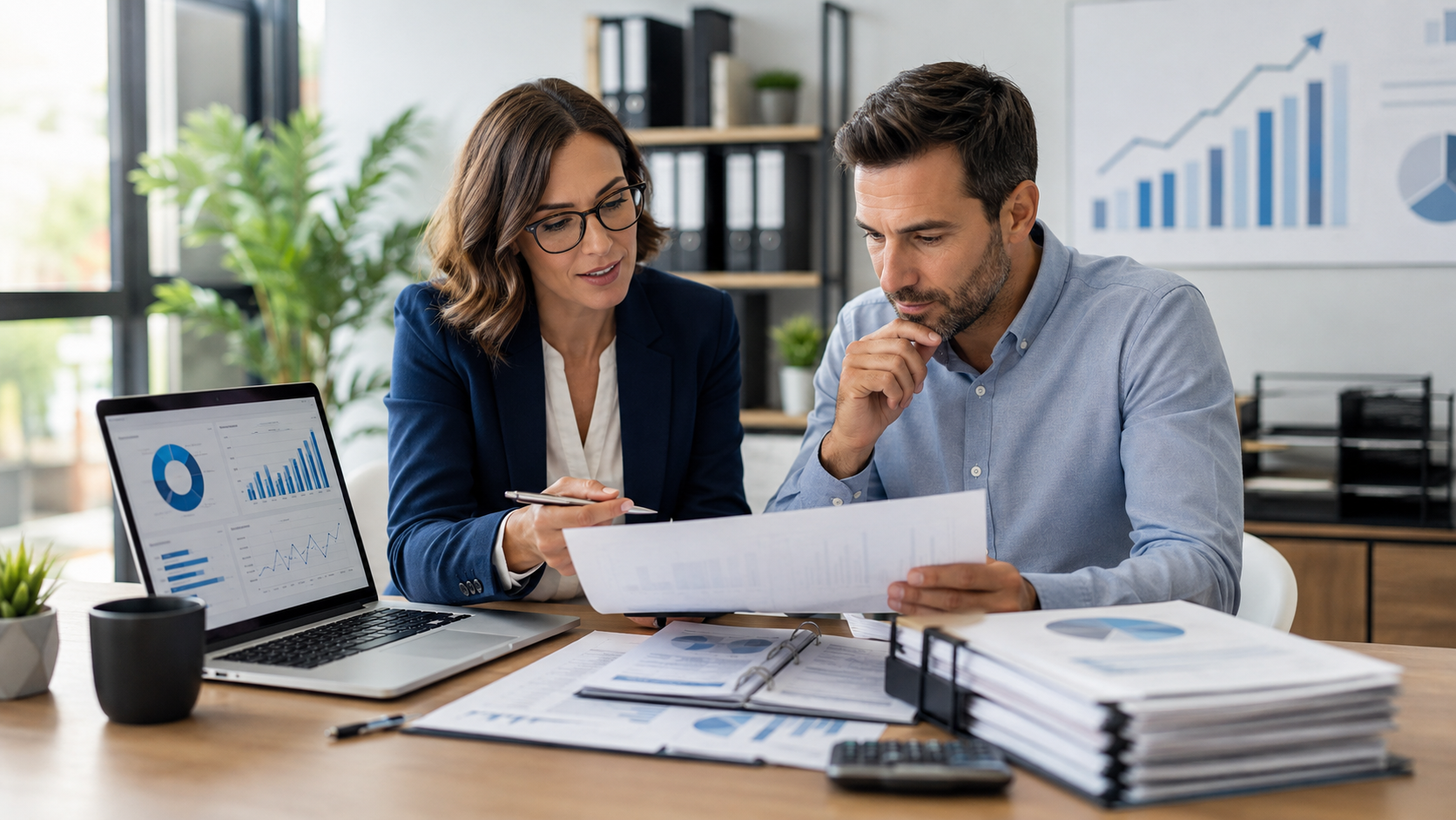 Two coworkers reviewing documents at a desk with a laptop and charts in an office