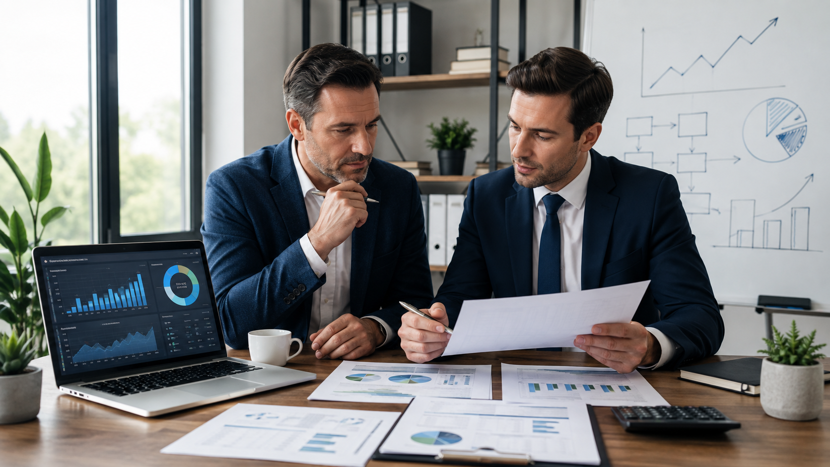 Two businessmen reviewing financial charts and a report at a desk in an office