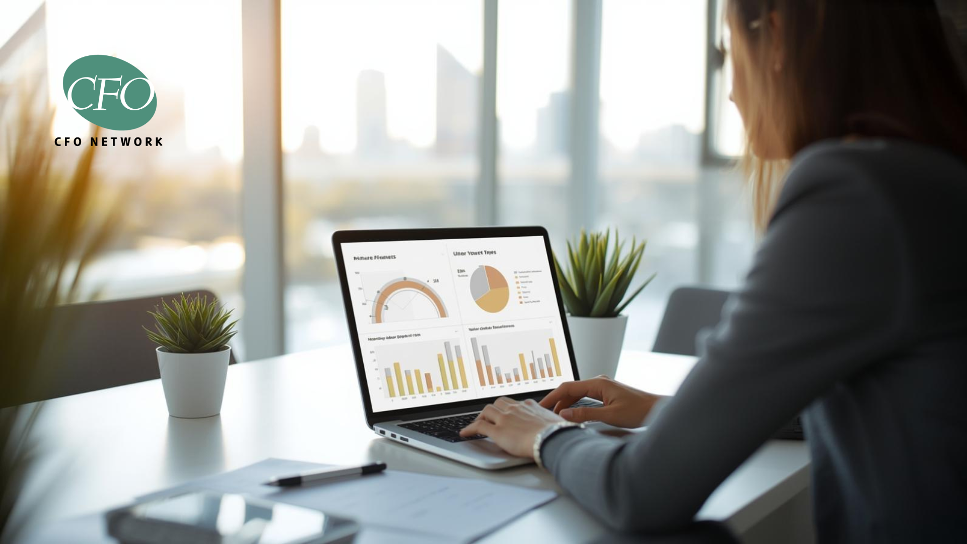 Woman working on laptop with charts, office setting; logo