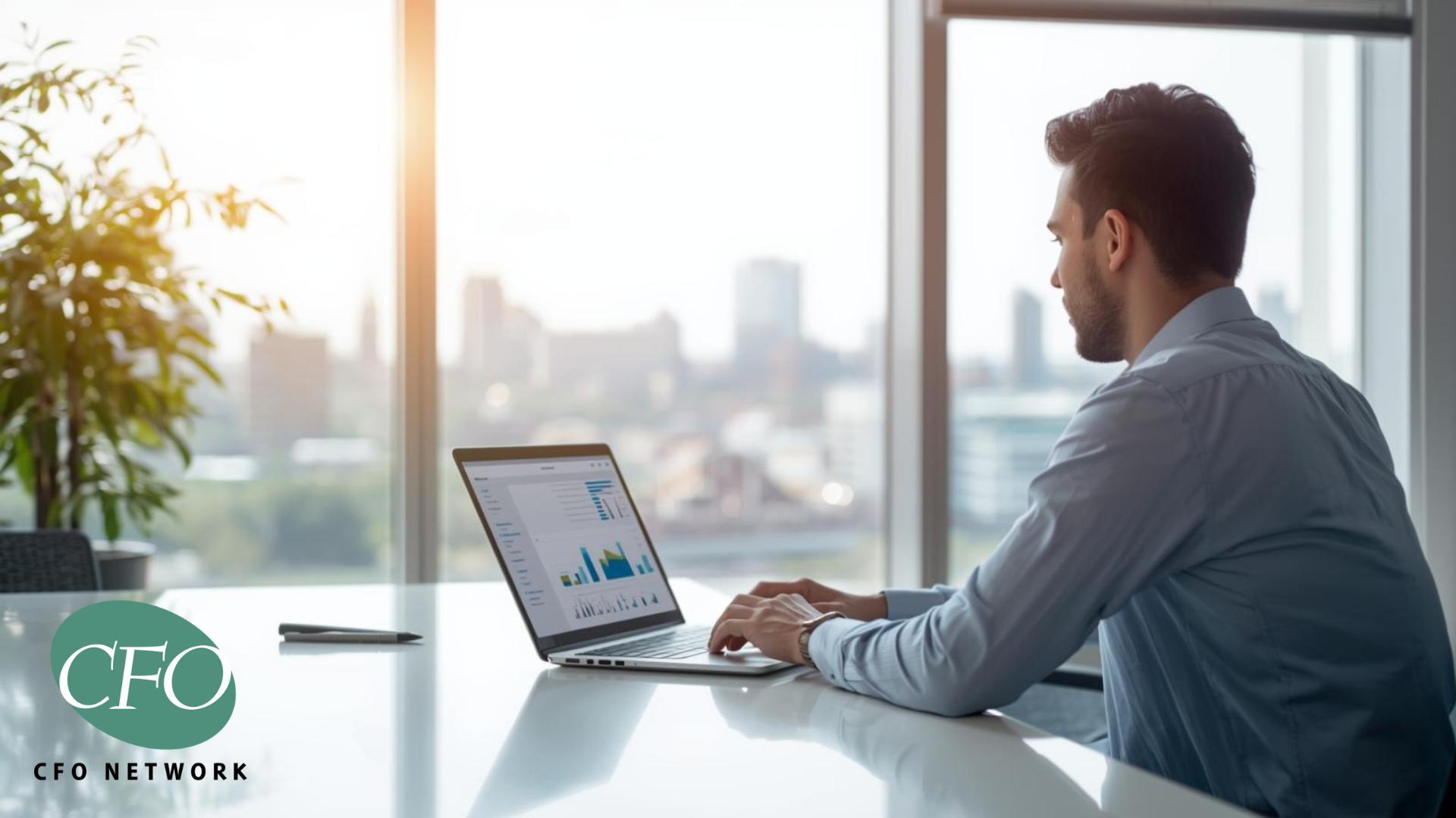 Man working on a laptop at a table by a window, city view in background. 