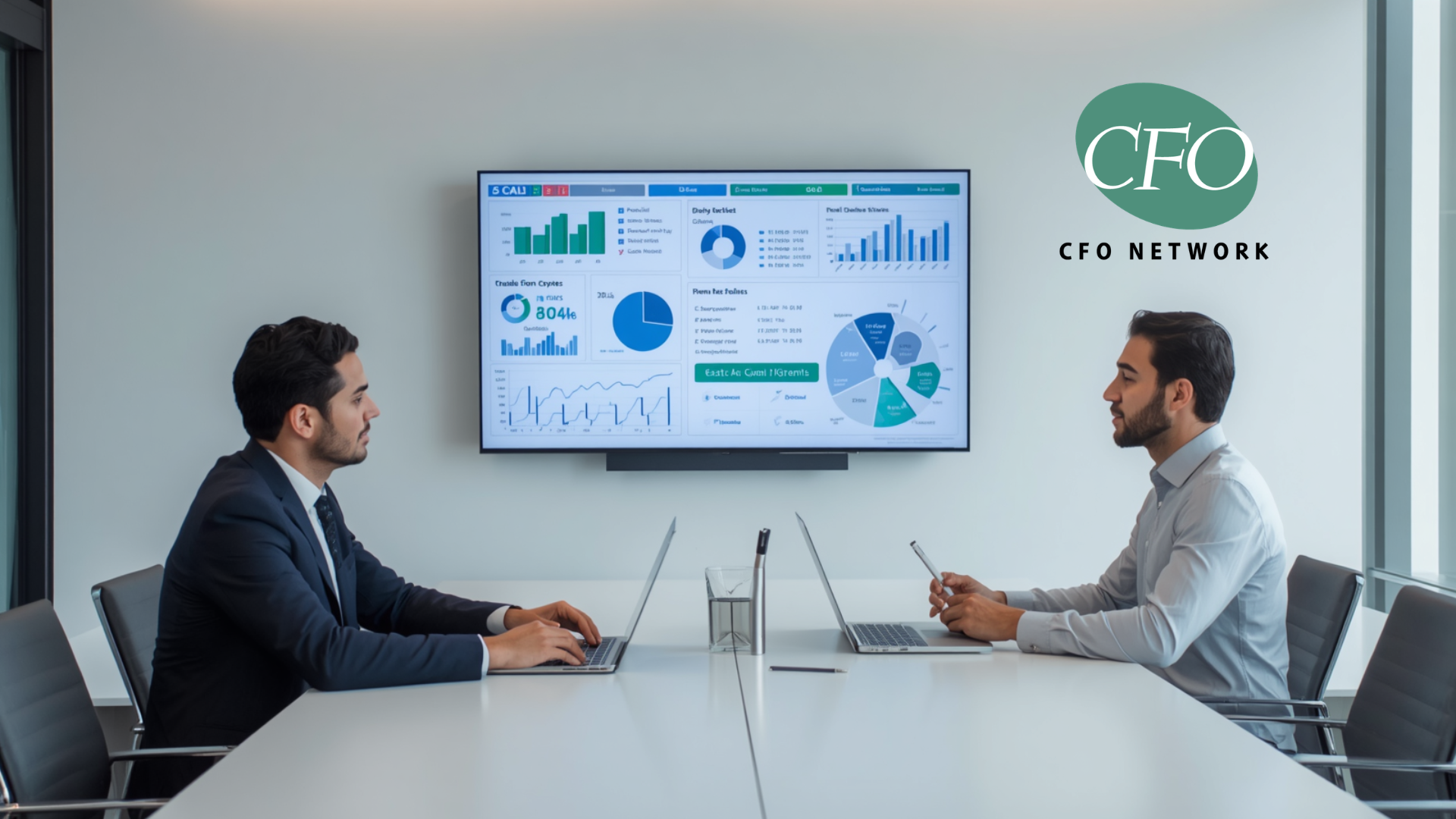 Two men in suits discuss business analytics on a wall-mounted screen in a modern conference room.