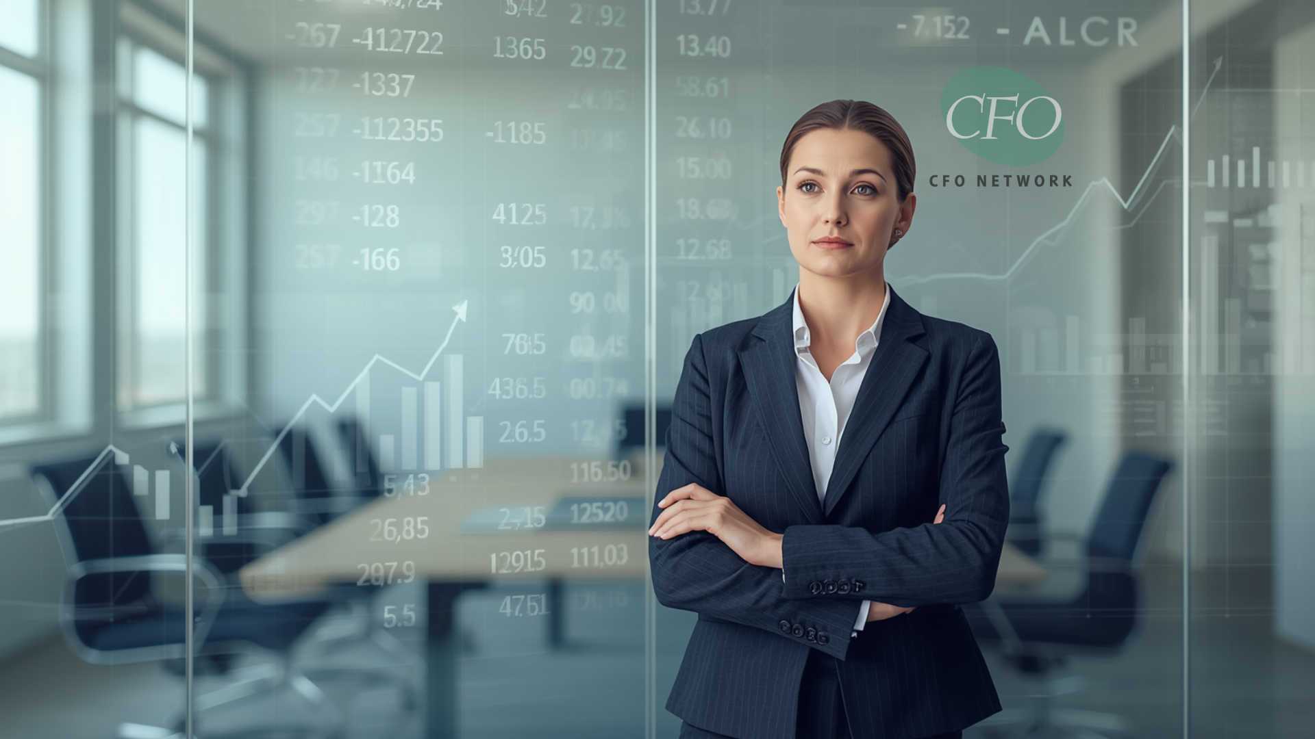 Confident executive in a dark suit stands in a glass conference room with financial charts projected behind her.