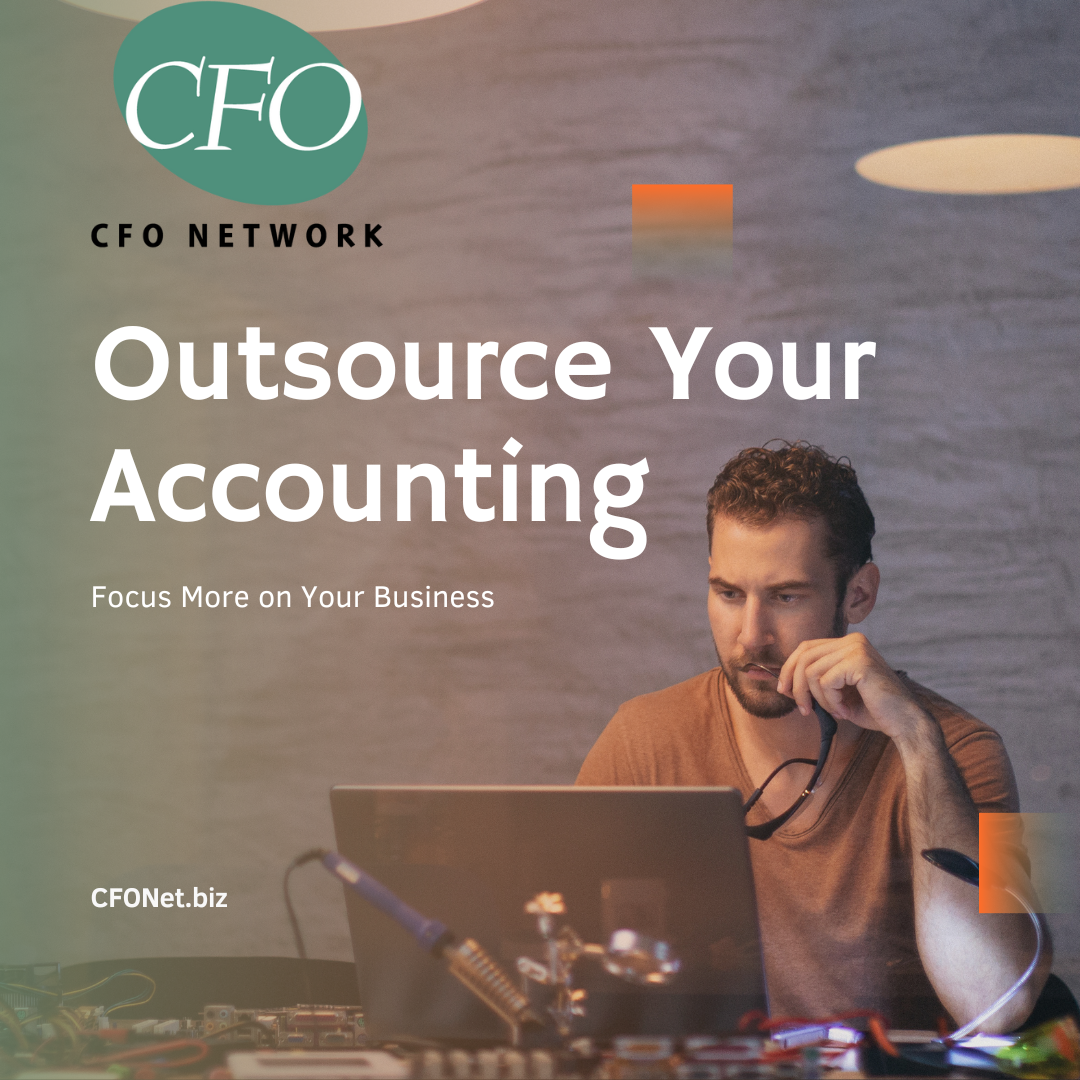 A man is sitting in front of a laptop with the words outsource your accounting above him