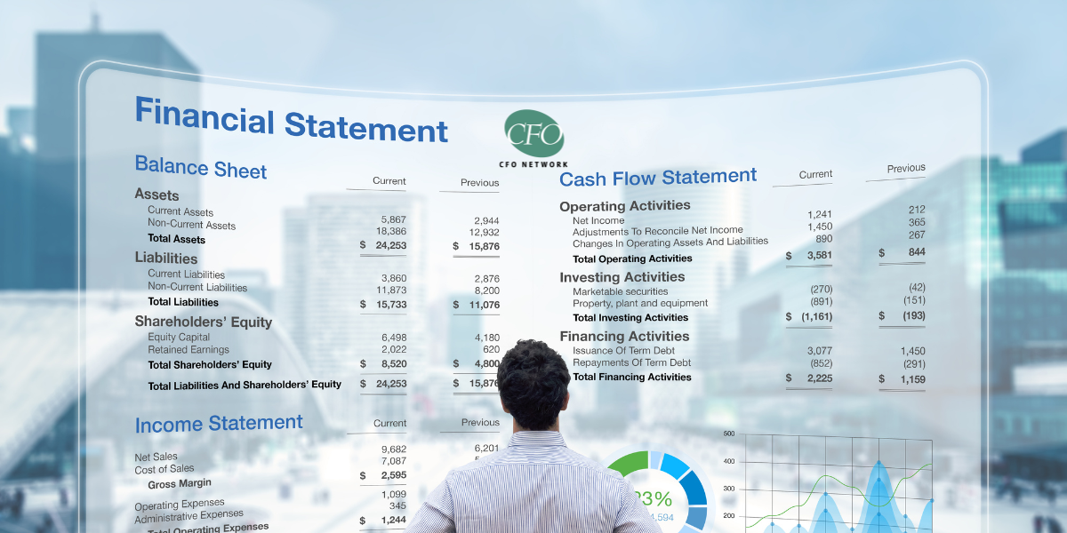 A man is looking at a financial statement on a large screen.
