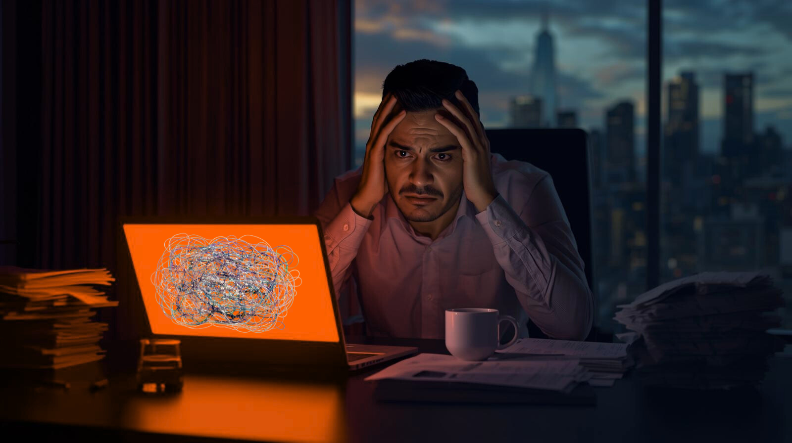 Man stressed at desk late at night, hands on head, laptop screen reads