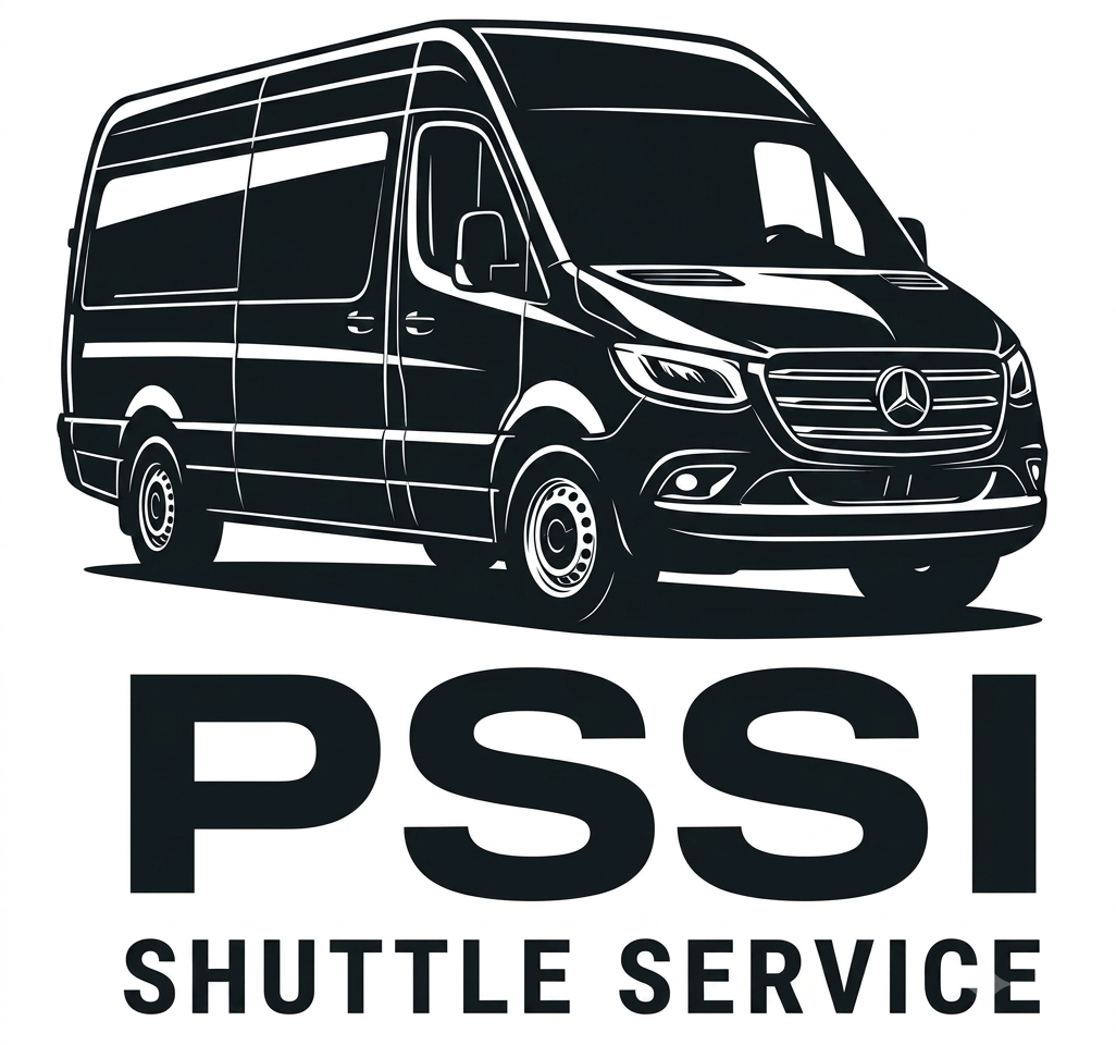 Black shuttle van logo with bold text “PSSI Shuttle Service”