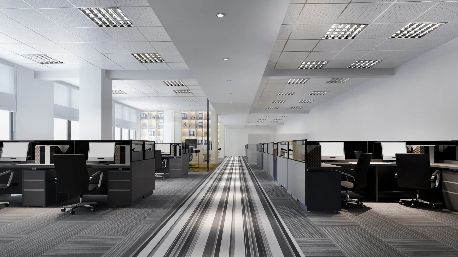 Office carpet professionally and freshly carpet cleaned.