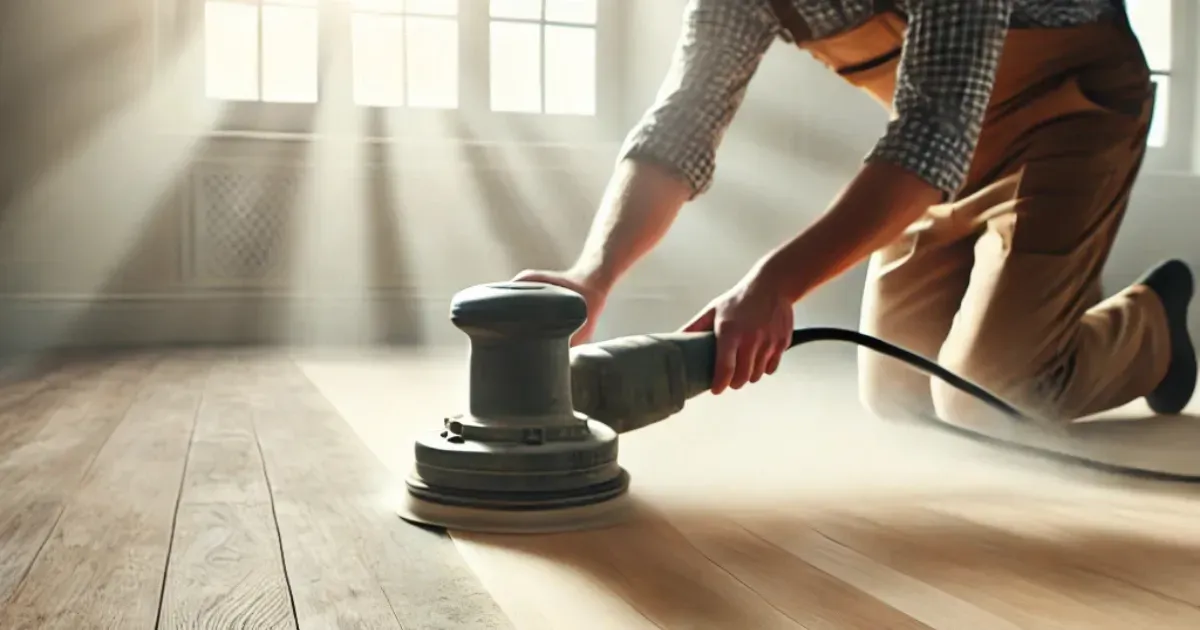 Blas Carpet employee resurfacing old hardwood floor.