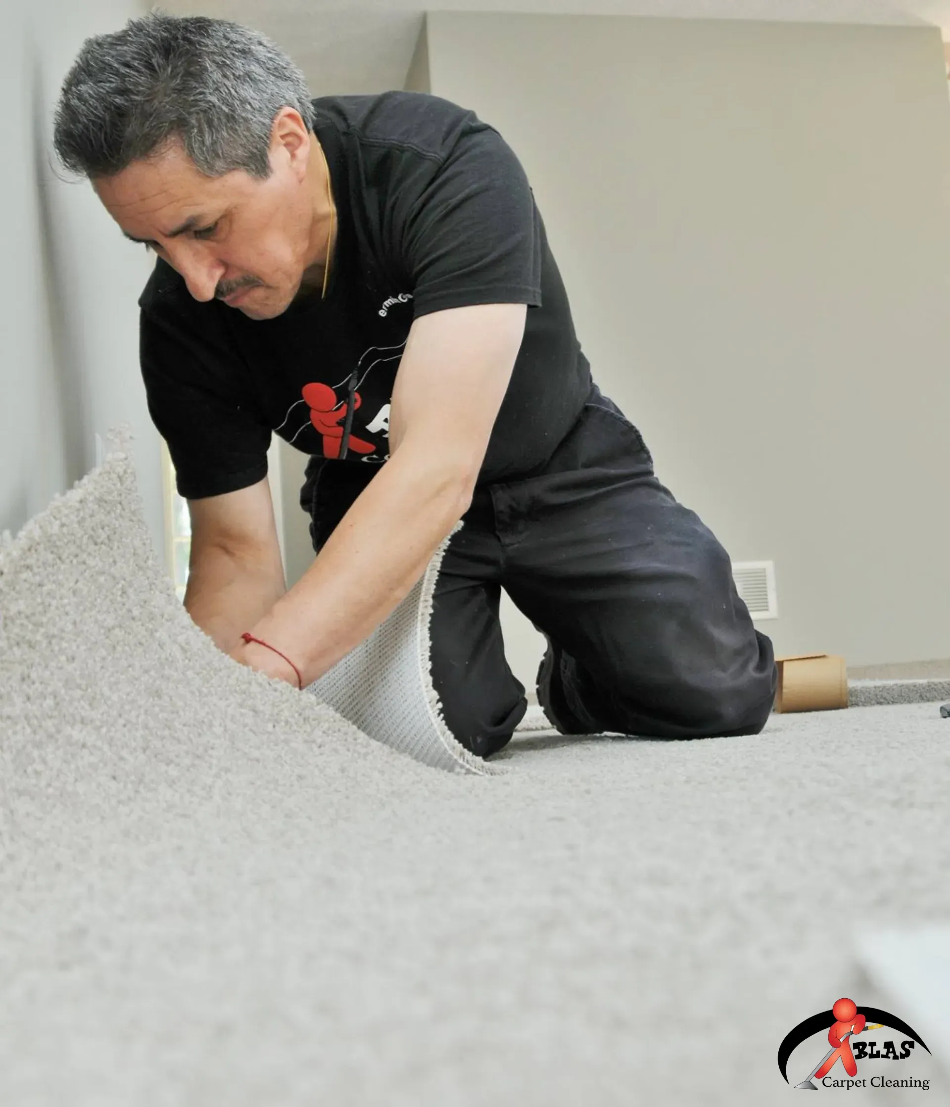 Blas Carpet professional installing new carpet in Denver, Colorado home.