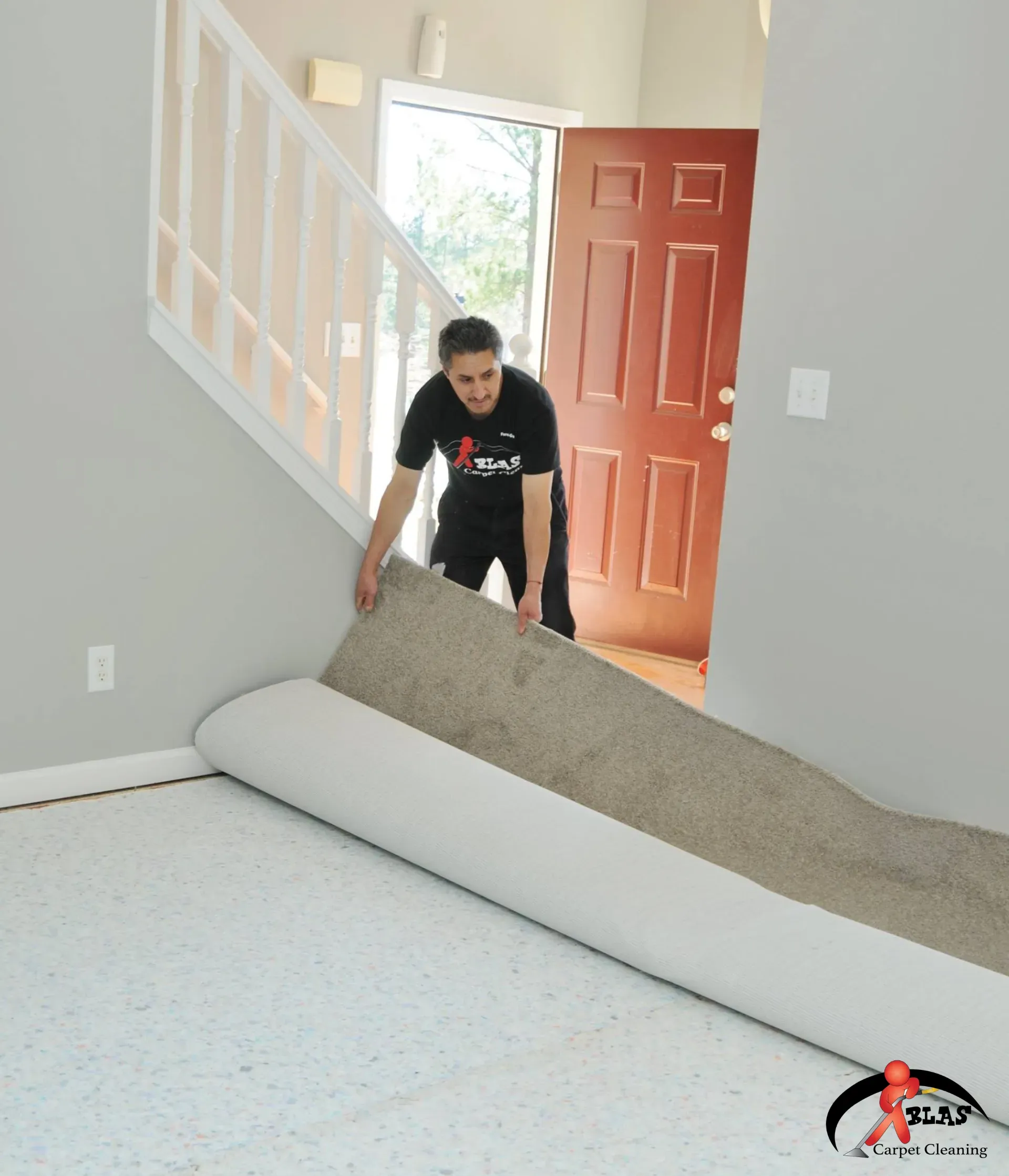 Blas Carpet specialist installing new carpet in Atlanta Georgia home.