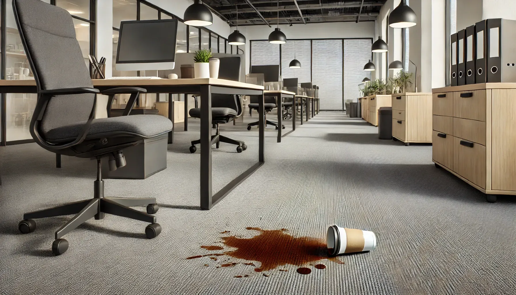 Carpet coffee stain caused by spilled cup.