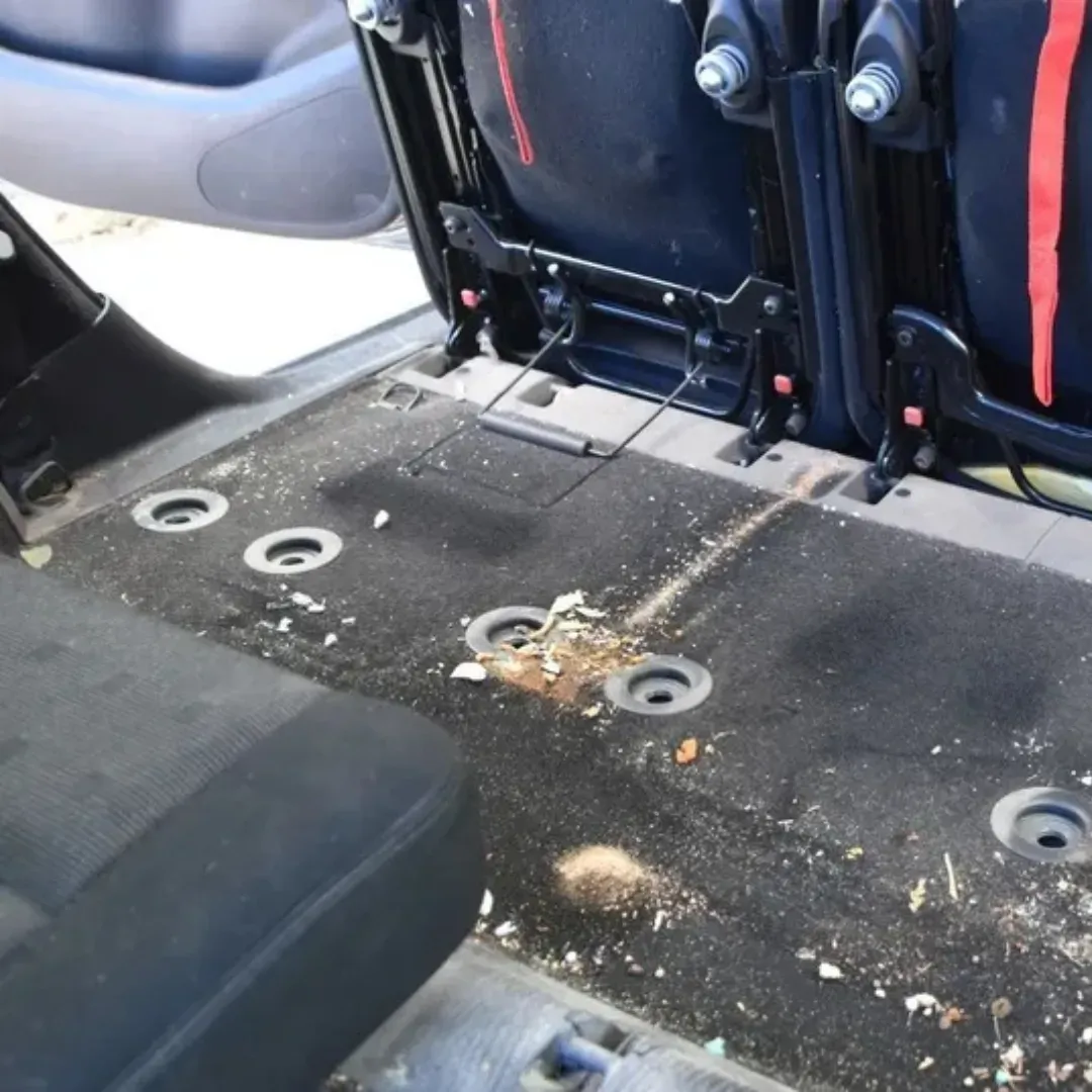 Dirt and dust on car interior carpet getting ready to be professionally cleaned.