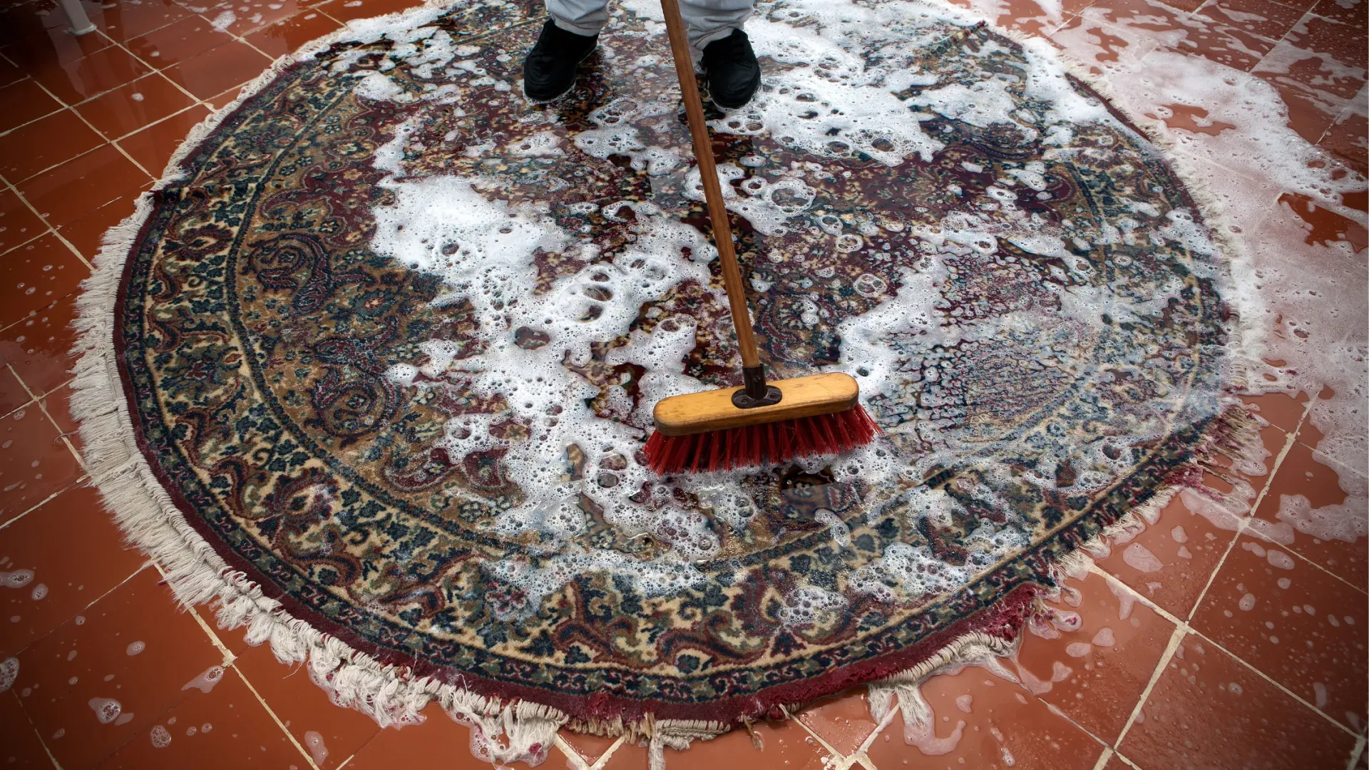 Persian rug being shampooed and scrubbed with a long brush.