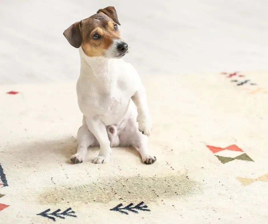 Small dog sitting next to peed on home carpet.