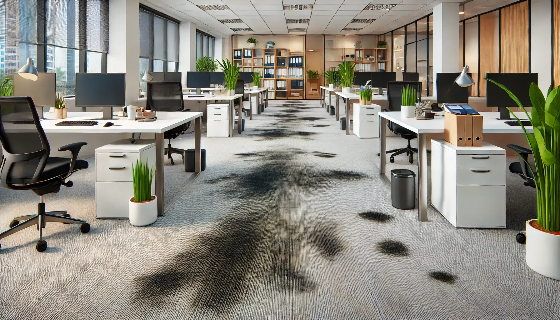 Office carpet high traffic stains all along walkway.