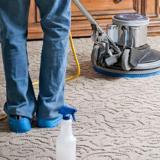 Blas Carpet employee is deep shampooing stains on bedroom carpeting in Denver, Colorado home.