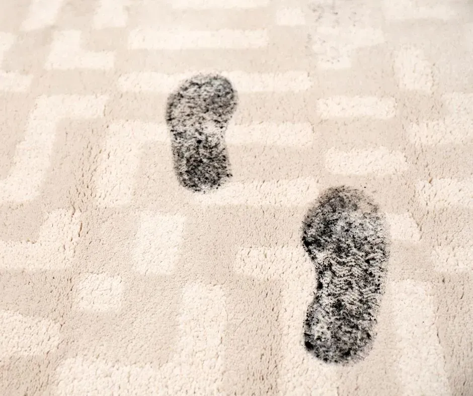 Dirt and traffic stain on bedroom entrance carpet getting cleaned.