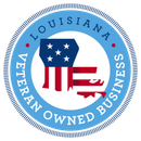 Louisiana Veteran Owned Business seal with flag overlay. Blue, white, and red.