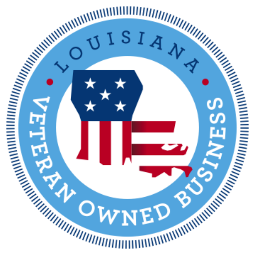 Louisiana Veteran Owned Business seal with flag overlay. Blue, white, and red.