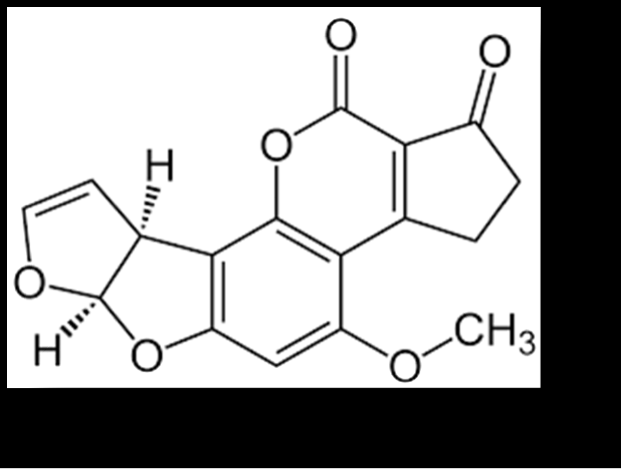 Chemical structure of aflatoxin B1, a mycotoxin.