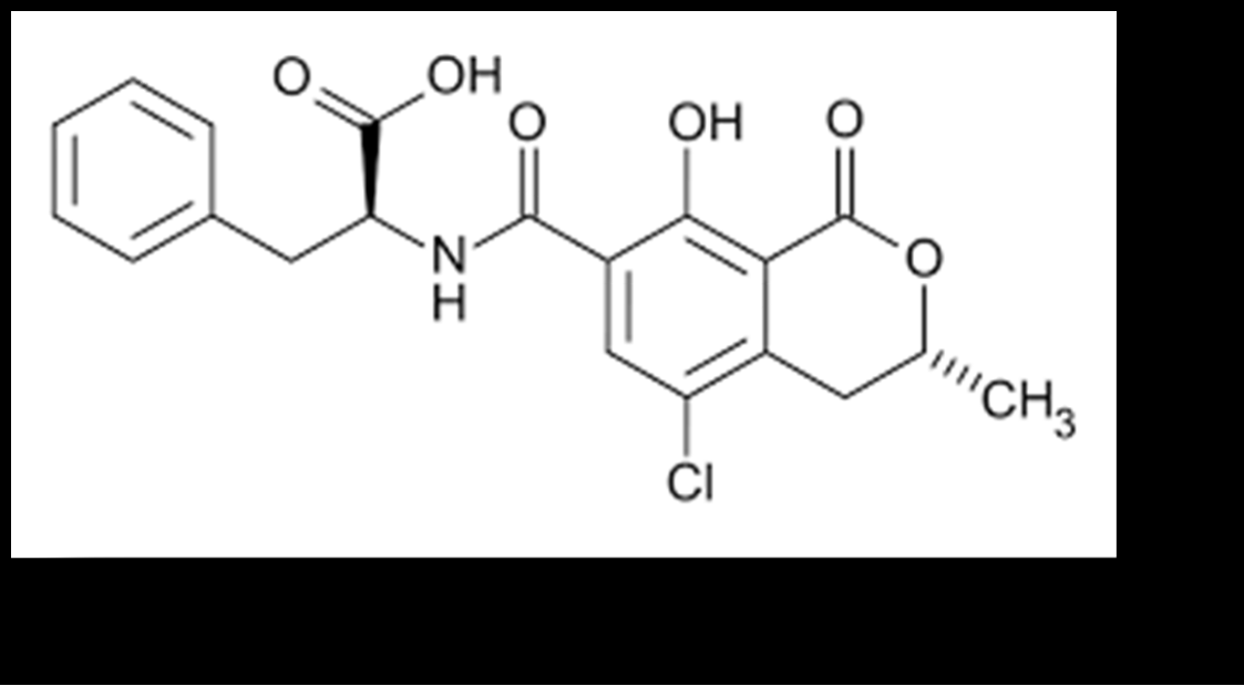 Chemical structure of a complex organic molecule with phenyl, carboxyl, amide, and lactone groups.