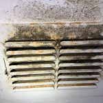 Moldy vent with dark discoloration, likely due to water damage and mold growth.