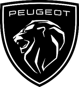 Peugeot logo: Black shield with a roaring lion's head and the word 