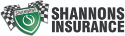 Logo for Shannons Insurance: Green shield with white oval and racing flags, text 