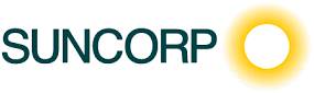 Suncorp logo: dark teal text with a bright yellow sun icon.