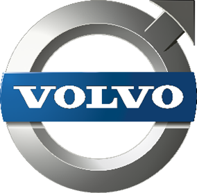 Volvo logo: Silver circle with an arrow, blue banner with white 